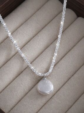 Sparkly Tennis Chain Necklace with Pearl Pendant, Bold Shine Minimal Necklace